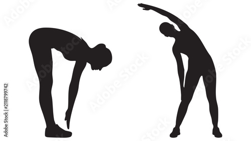 Fotografía Human Silhouette Stretching In Two Poses Against White Background activity