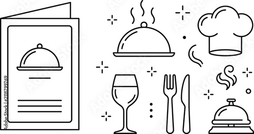 Bild auf Leinwand Restaurant fine dining food service line icons set with menu book cloche covered