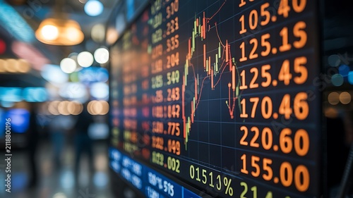 Display monitor shows fluctuating stock market numbers in an office.