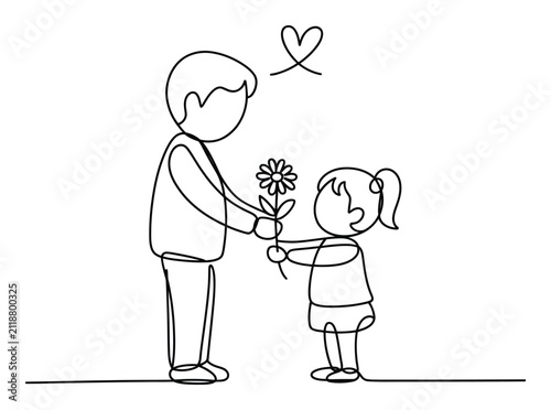 Quadro su tela Dibujo continuo de un padre regalando una flor a su hijita