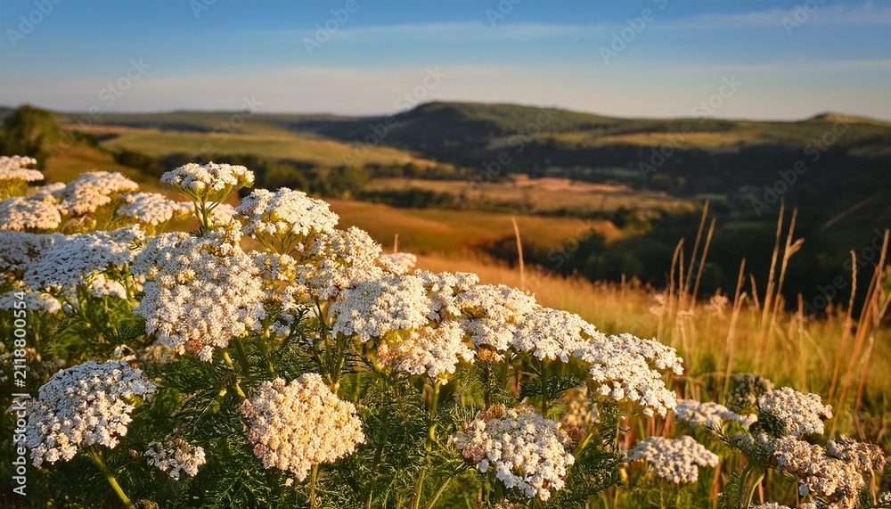 Obraz premium Cluster Of Delicate White Yarrow Flowers Blooming In A Sunlit Meadow With Rolling Hills In Background