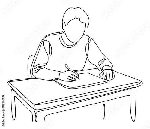 Foto Dibujo continuo de un estudiante escribiendo en un escritorio