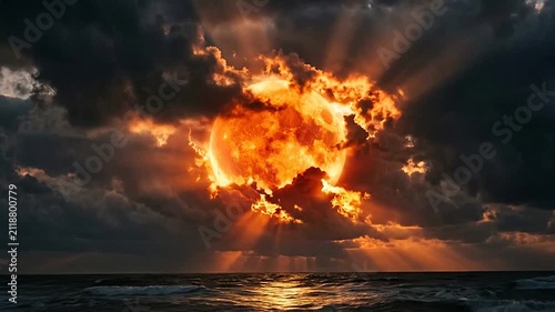 A glowing orange sun sets behind dark clouds over the ocean
