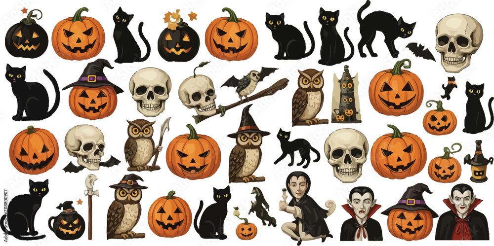 Fototapeta premium Collection of vintage halloween stickers featuring carved pumpkins black cats skulls owls witches and vampires on a white background