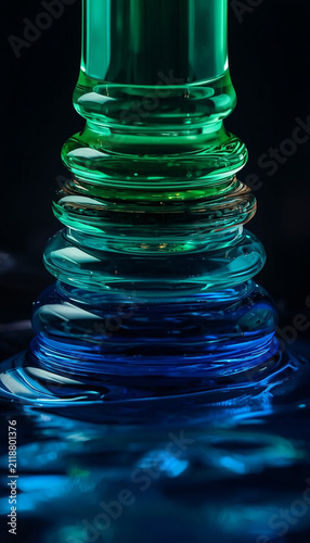 Stunning Green to Blue Gradient Liquid Coil Stack Tower with Glossy Transparent Rings Forming Sculptural Shape on Dark Background, Abstract Fluid Art Macro Photography