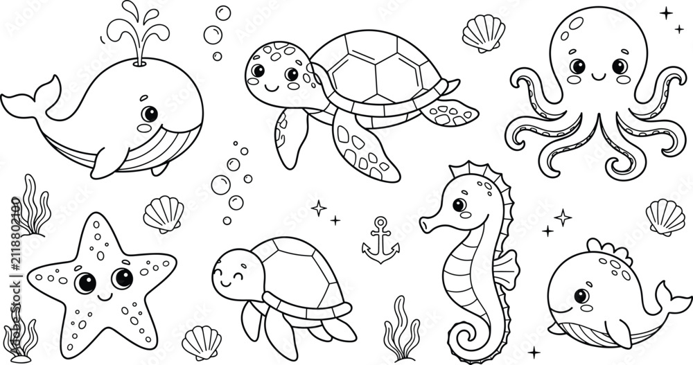 Obraz premium Cute Sea Animal and Ocean Life Icon Set with Whale Sea Turtle Octopus Seahorse and Starfish Coloring Book Elements