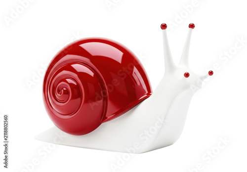 Cartoon snail with shiny red shell, white body, antennae with red tips, whimsical character, isolated on transparent background.