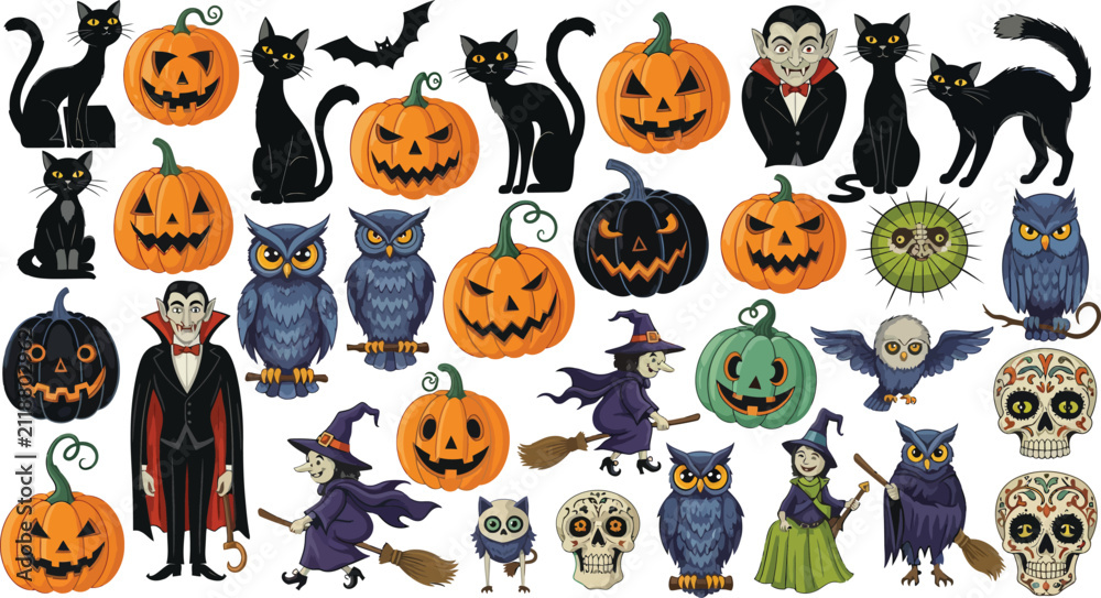 Fototapeta premium A large collection of hand drawn halloween elements featuring scary pumpkins black cats vampires witches owls and spooky skulls