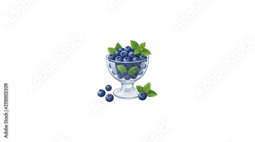Watercolor illustration of a glass bowl filled with fresh blueberries and mint leaves.