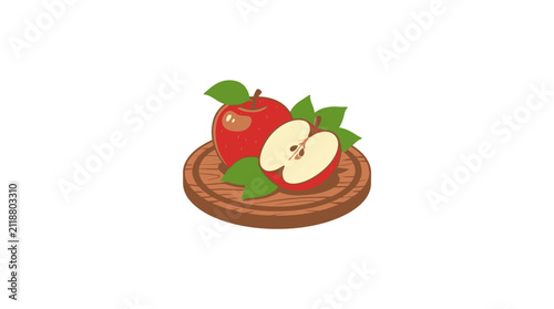 Illustration of a whole and sliced red apple on a wooden board.