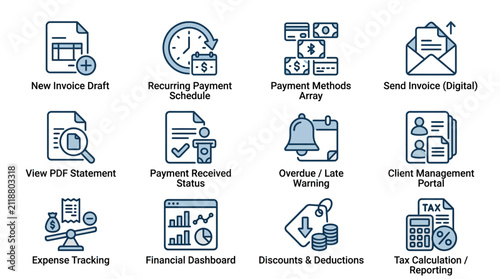 Industrial Style Icons Set for Invoice Management Payment Tracking and Financial Dashboard Solutions