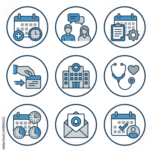 Elegant Medical Appointment and Healthcare Management Icons Set with Calendar Clock and Medical Symbols in Blue Gray