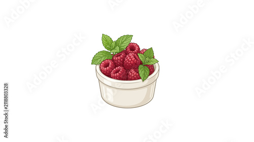 A small white ceramic bowl filled with fresh ripe red raspberries and green mint leaves.