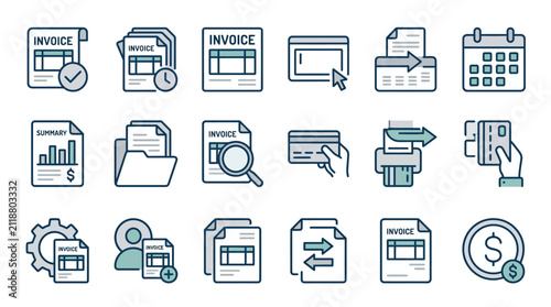 Elegant Minimalist Invoice Processing Workflow Icons Set in Monochromatic Blue Gray Color Scheme