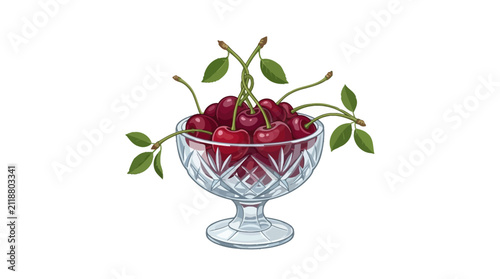 Hand drawn illustration of ripe red cherries in a crystal glass bowl.