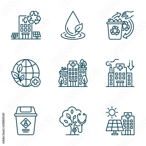 Dynamic Monochromatic Line Art Icons Showcasing Sustainable Urban Living Concepts with Recycling Nature and Energy