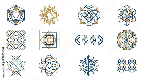 Clean Minimalist Geometric and Floral Line Art Patterns in Gold and Navy Blue Color Scheme with high quality professional line art symbols for modern creative design and digital branding projects
