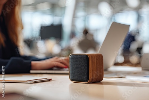 A wooden-finished speaker sits on a desk as a person types on a laptop in an office