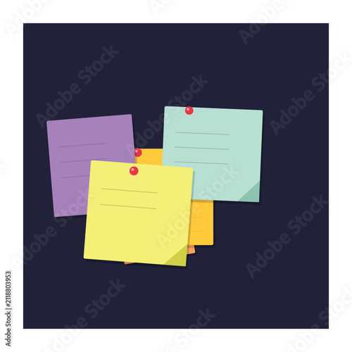 Colorful adhesive sticky notes pinned on a dark background isolated on transparent background, illustration