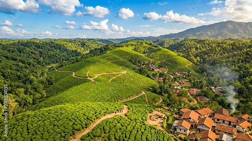 Aerial view of a lush green tea plantation in the mountains