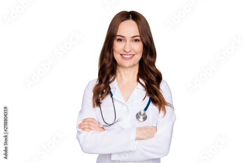 Obraz na płótnie Photo of attractive family doc professional lady patients consultation diagnosti