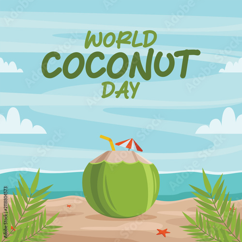 World Coconut Day flat illustration greeting set on beautiful beach with blue sky.