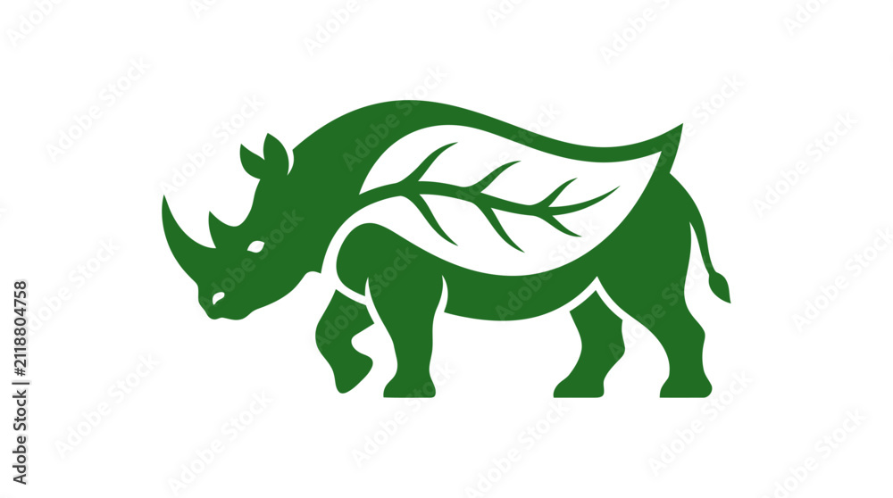 Fototapeta premium Green Rhino Leaf Logo Graphic Representing Eco Friendly Wildlife Conservation and Sustainable Nature Protection Symbol