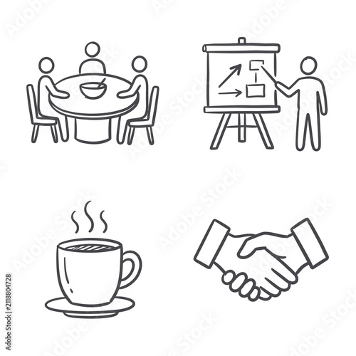 Team Meeting Presentation Line Icons Conference Table Whiteboard Handshake Coffee