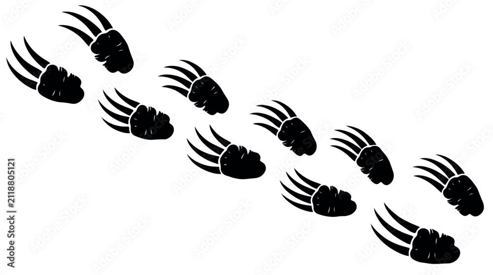 Obraz premium Sloth Paw Prints Trail Silhouettes Set with Sharp Claws, Black Animal Footprint Trail vector, Wild Sloth Track marks on white background, sloth, paw, prints, claws, animal, footprint, trail, vector.