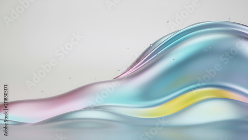 Abstract 3D render of smooth colorful fluid waves with iridescent glass texture