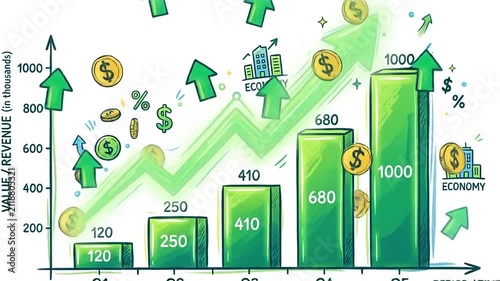 A green bar chart showing steady financial growth over time