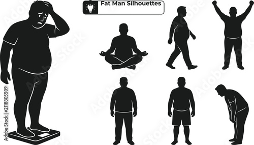 Collection of black vector silhouettes showing an obese man on a weighing scale and in different lifestyle poses.