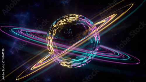 3D render of abstract glowing sphere planet with colorful neon rings in dark space