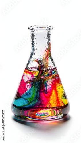Vibrant abstract colors swirl and mix inside a clear laboratory flask, representing chemical reactions and scientific exploration
