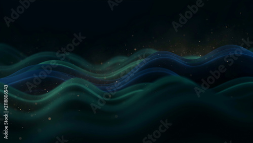 Abstract 3D Dark Blue and Green Waves Background with Glowing Particles