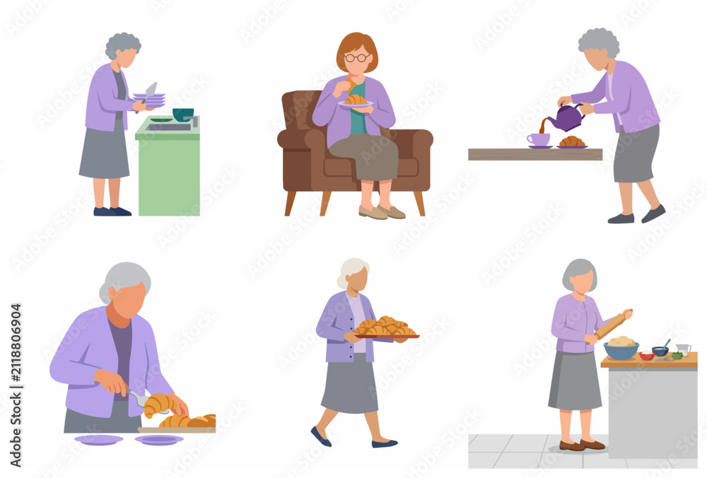 Fototapeta premium Senior Woman Vector Character Set Doing Daily Activities Like Baking Croissants, Washing Dishes, and Drinking Tea
