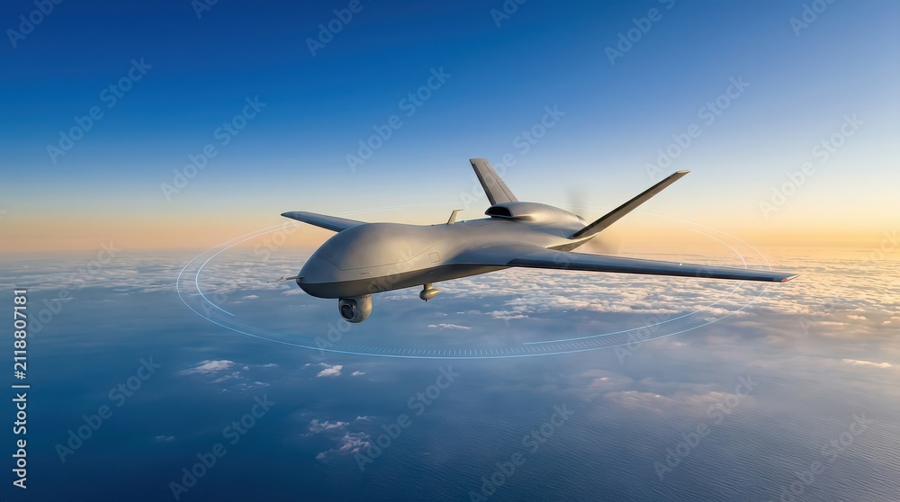 Naklejka premium Unmanned aerial vehicle flying over clouds at sunset with digital targeting reticle drone aircraft