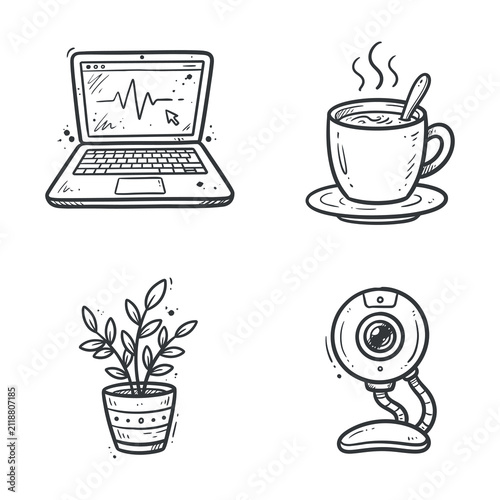 Remote Work Office Line Icons Laptop Coffee Plant Webcam Waveform