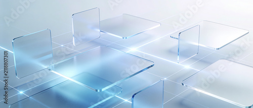 Transparent floating glass panels in futuristic digital interface technology background