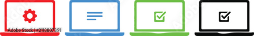 Laptop Screen Icons Set with Settings Text and Check Mark Vector Illustration