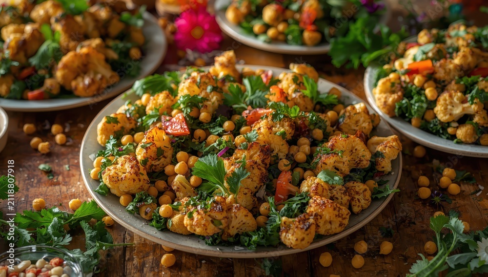 Obraz premium Vegetarian salad platters featuring roasted cauliflower, kale, chickpeas, and herbs.