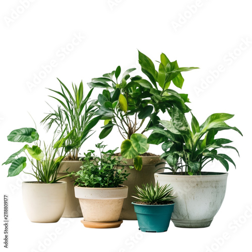 Collection of various indoor potted plants isolated on transparent background