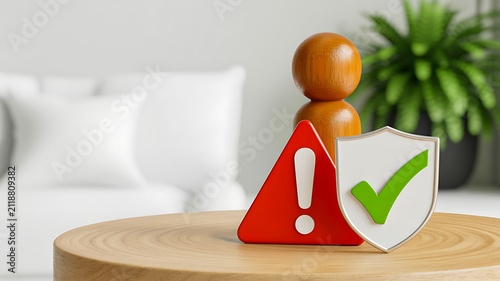 Warning and protection icons on desk representing risk management and safety concept