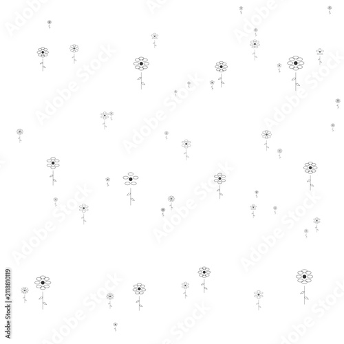 Minimalist black and white flower icons with stems scattered on white backdrop
