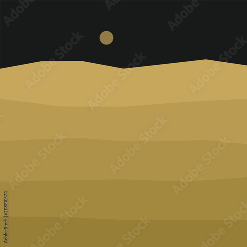 Desert landscape with rolling dunes and full moon at night. Minimalist abstract vector art