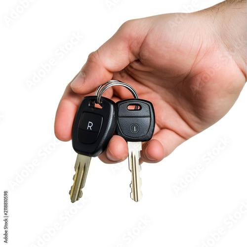 Closeup of a hand holding two car keys isolated on transparent background
