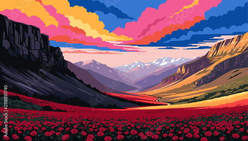 Fotografie Very beautiful colorful realistic vector of a spectacular mountain valley carpeted with vibrant red poppies beneath colorful evening clouds and warm golden sunlight