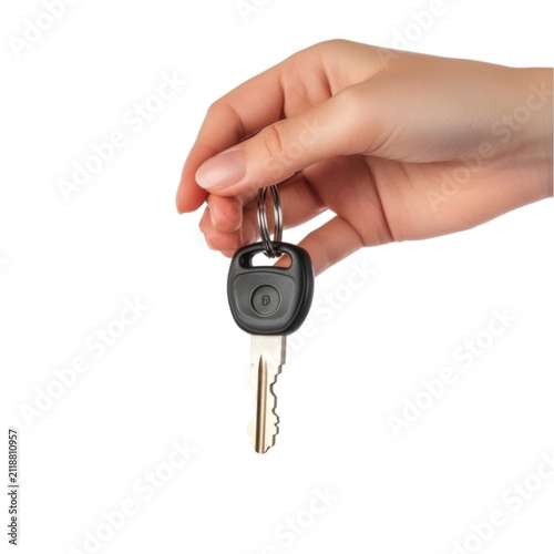 Hand holding a car key isolated on transparent background