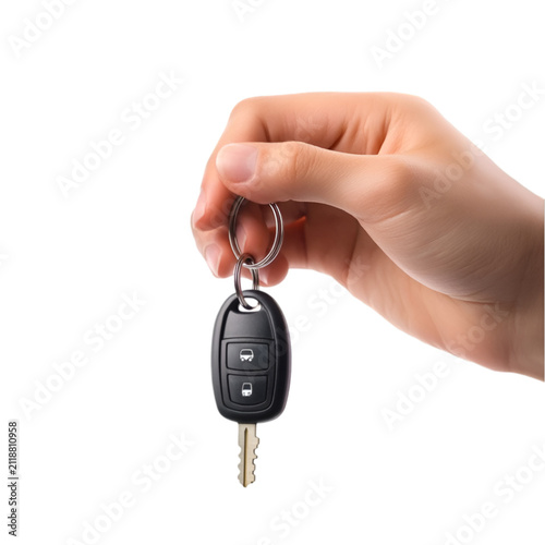 Hand holding a car key fob isolated on transparent background