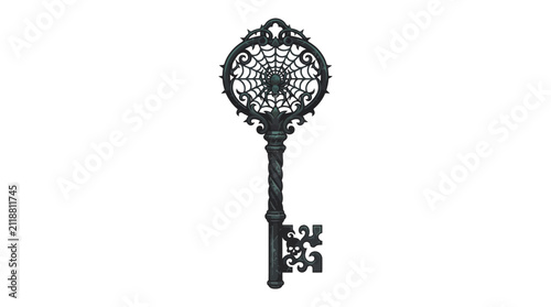 Foto Skeleton key featuring an intricate spider web design rests vertically against a clean white background
